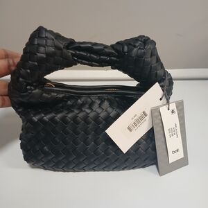 New! Designer Inspired Black Woven Mini Bag Double Knot Handle Leather Feel